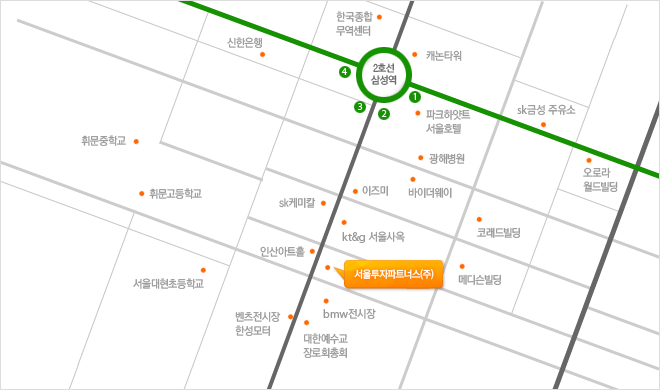 지하철 2호선 삼성역 2번출구로 나와서 휘문고등학교 4거리 방향으로 도보로 7분, BMW매장 다음건물(430m)